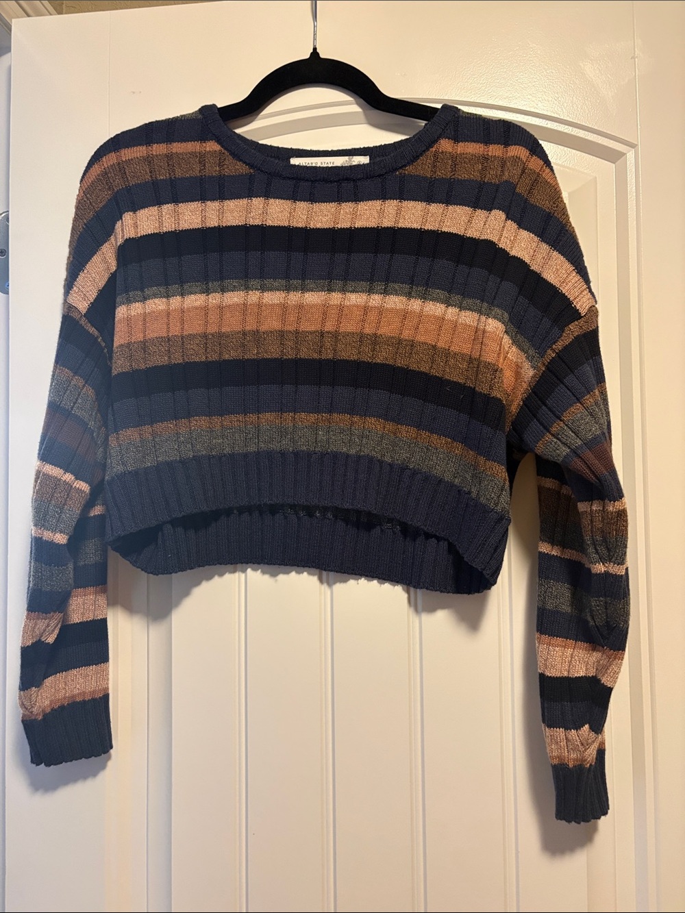 Altar'd State Navy, Brown & Peach Stripe Cropped Sweater